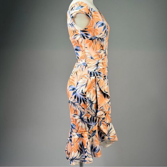 VENUS Tropical Print Off-Shoulder Midi Dress in Peach and Navy (rack 9) - Picture 7 of 10